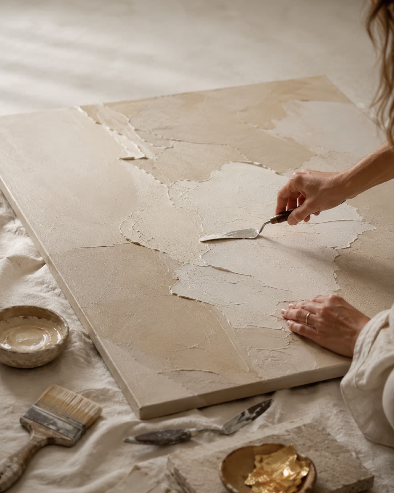 Millie shaping a large handmade spackle painting on the floor with a palette knife, brushes and gold leaf beside her